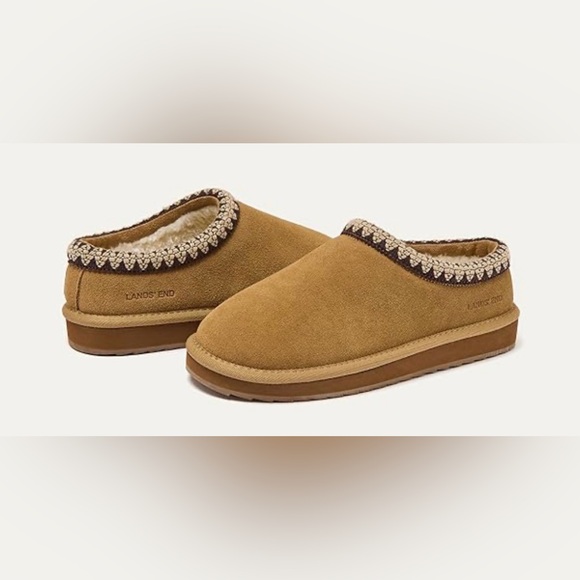 Lands' End Shoes - Lands' End Tan Suede Slippers with Patterned Trim